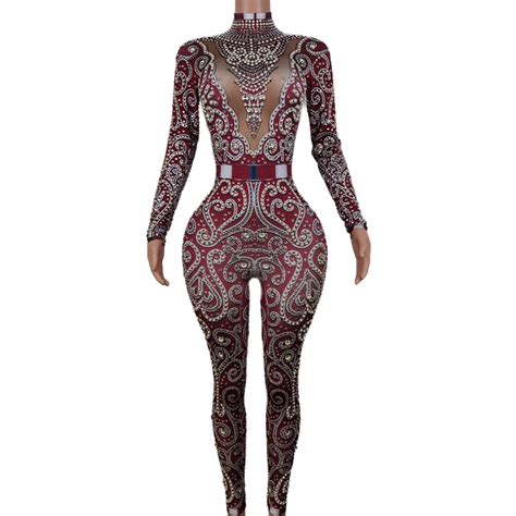 Sparkly Long Sleeve Crystal Rompers Pole Dance Bodycon。